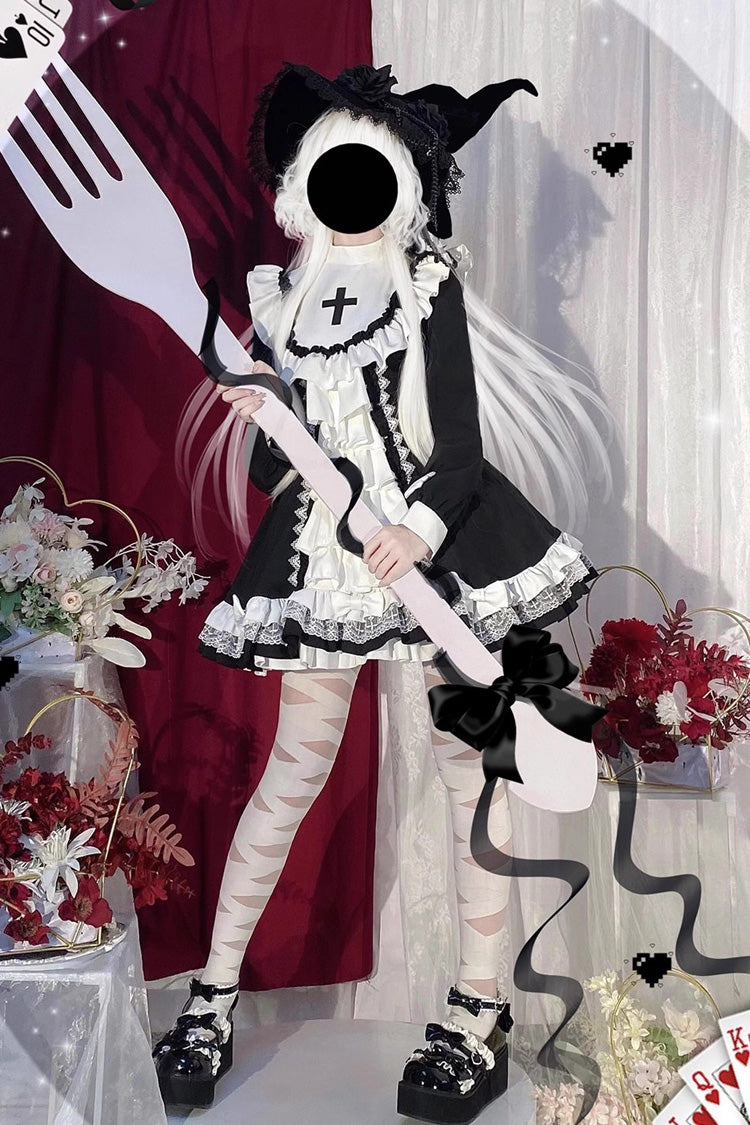 Long Sleeves Multi-layer Cross Print Nun Style Ruffle Gothic Lolita Dress