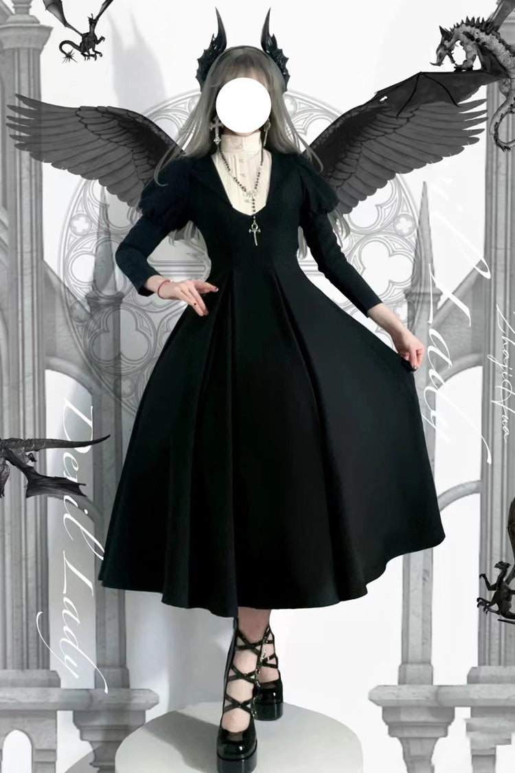 Black Nun Long Puff Sleeve High Waist Gothic Plus Size Dress