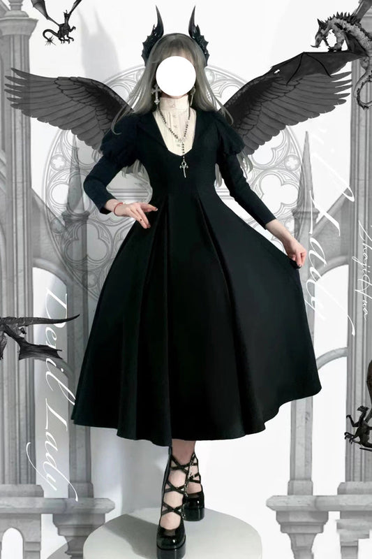 Black Nun Long Puff Sleeve High Waist Gothic Plus Size Dress