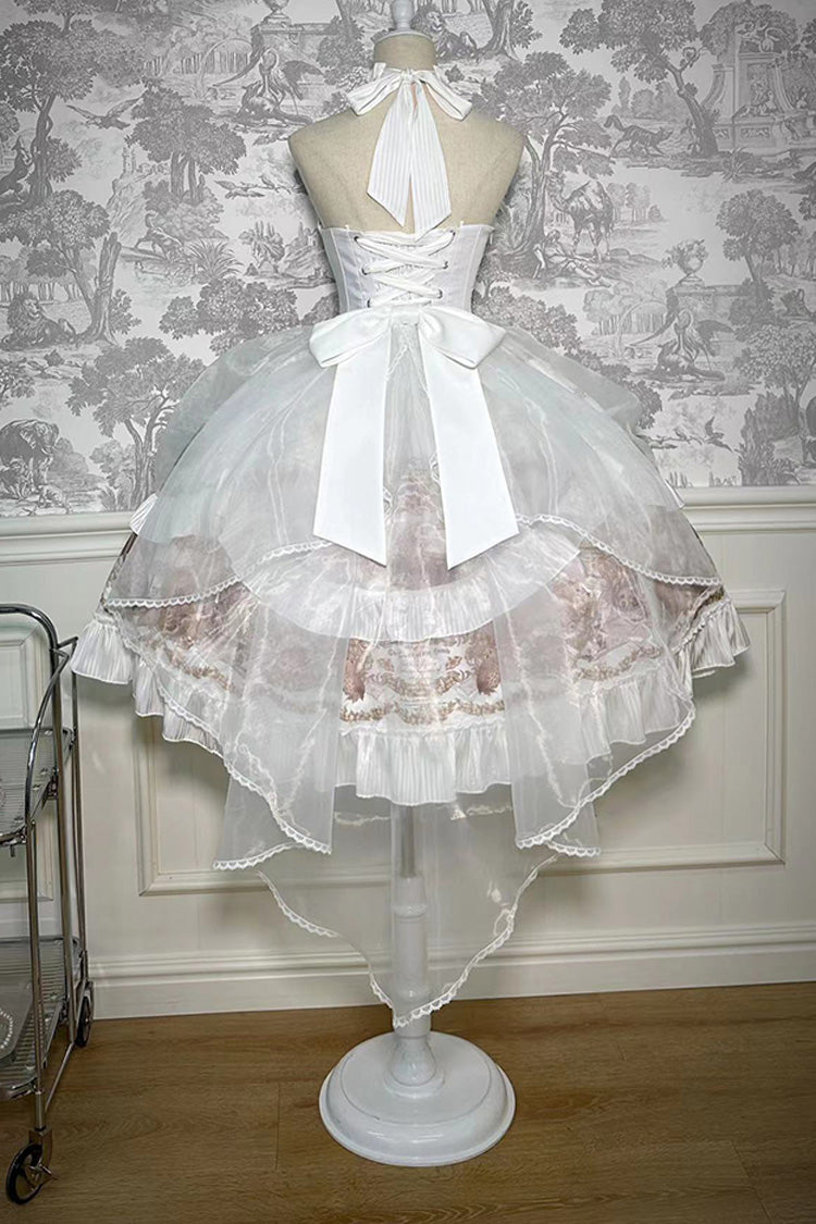 White Halterneck Print Bowknot Drawstring Gothic Lolita Dress