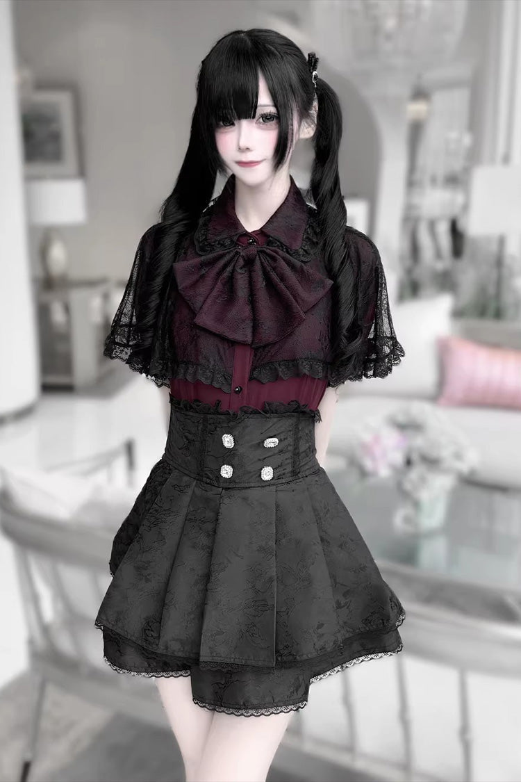 Gothic Embroidered Ruffled Top and Skirt Set with Lace-Up - Dark Moon Shadow
