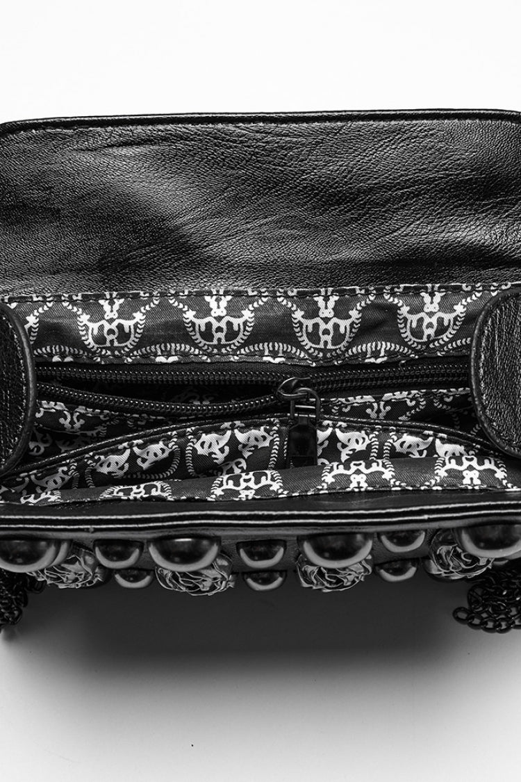 Gothic Faux Leather Clutch with Beaded Rose & Rivet Detail