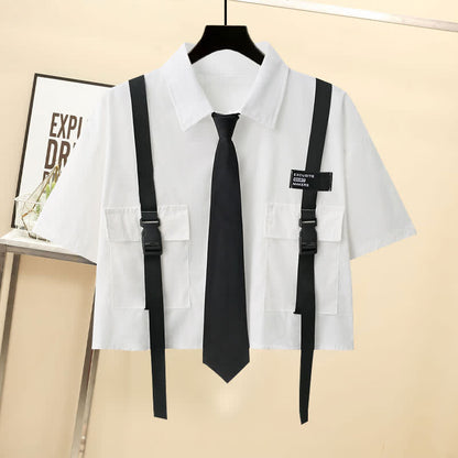 Casual Strap Pocket Tie Lapel T-Shirt Wide Leg Chain Cargo Shorts