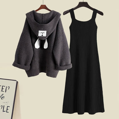 Bear Ears Hooded Cardigan Sweater Slip Dress Set