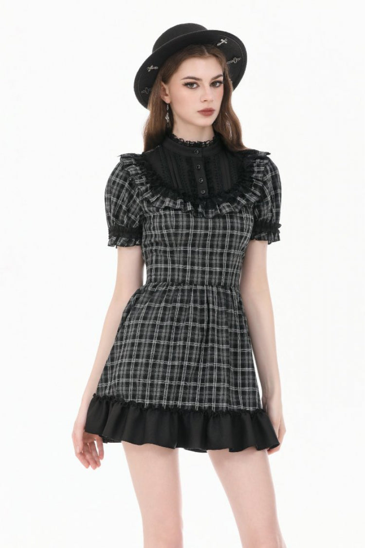Monochrome Gothic Lolita Dress with Plaid, Stand Collar, and Lace-Up Front