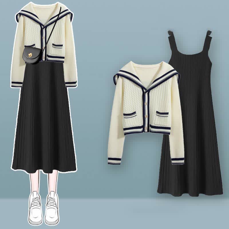 Sailor Collar Cable Sweater Slip Dress Denim Skirt