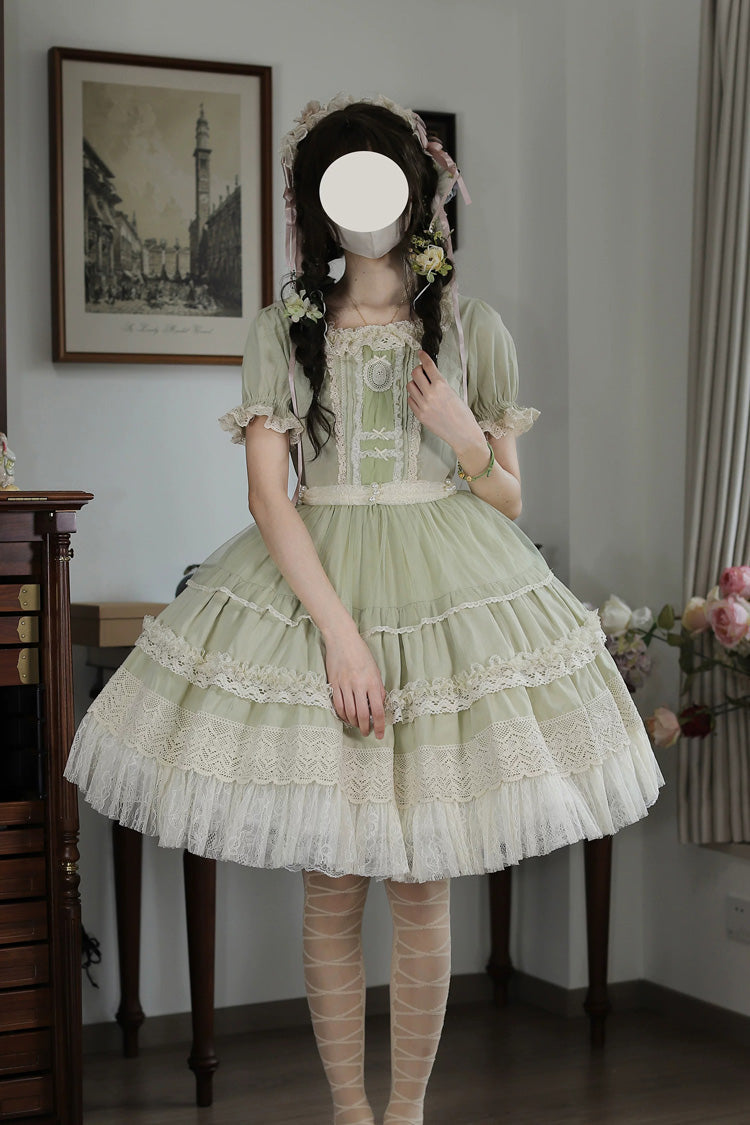Vintage Ball Square Collar Lace Pearl Sweet Dress in Muscat Green