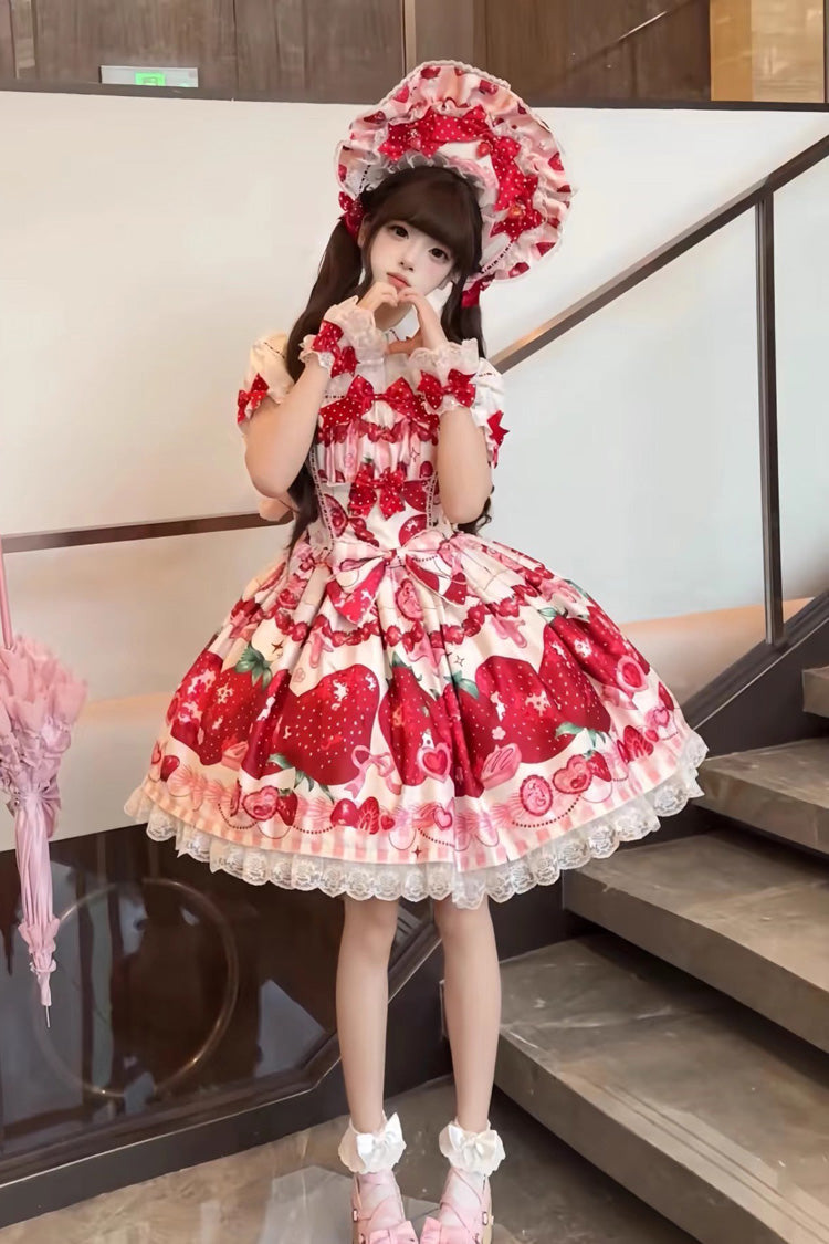 Dream to Strawberry Print Ruffled Bow Lace Sweet Lolita JSK Dress - 4 Colors