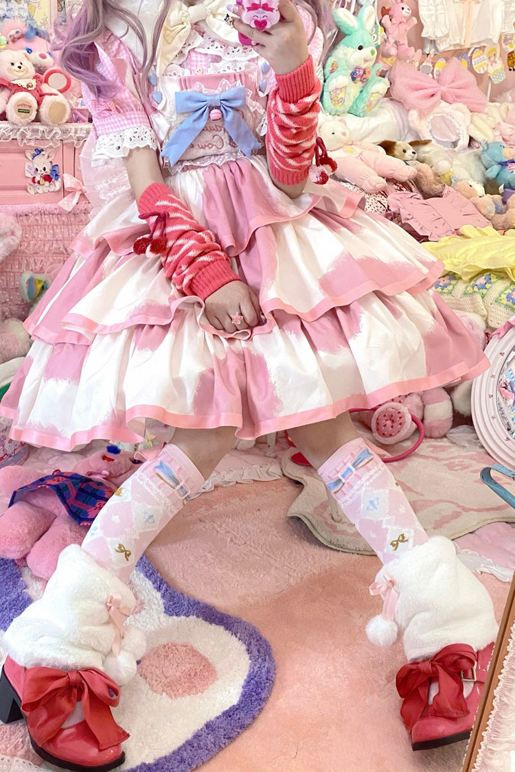 Pink Sleeveless Triple Layer Cow Print Ruffle Bow Sweet Jsk