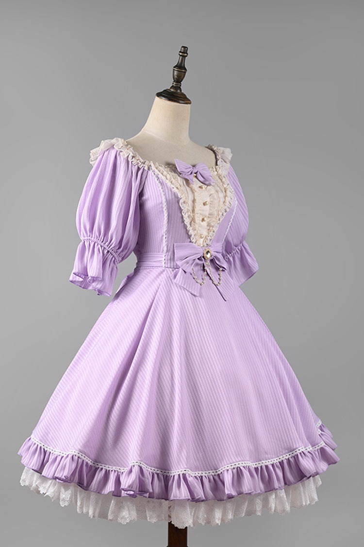 Solid Color Short-Sleeved Ruffled Bowknot Sweet OP