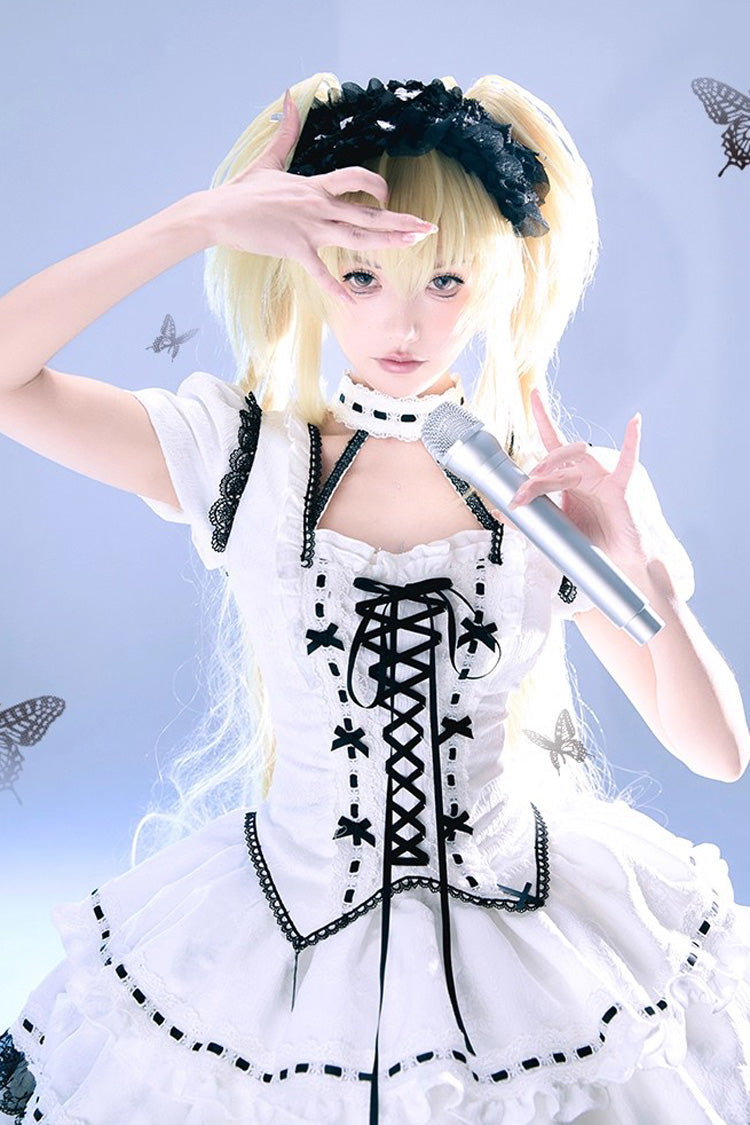 White Witch Long Sleeves Double-Layered Lace-Up Gothic Skirt Set