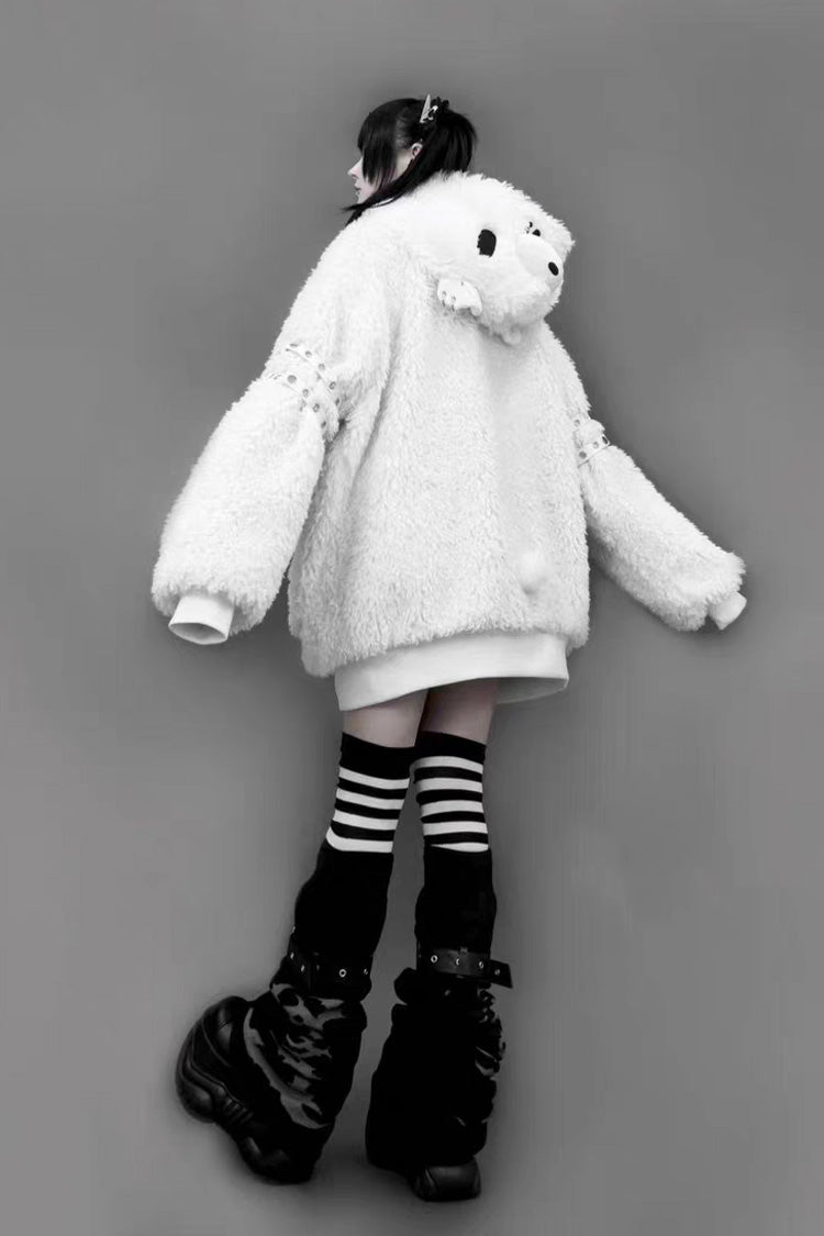Ivory Bear Ear Hooded Zip-Up Dark Jirai Kei Coat