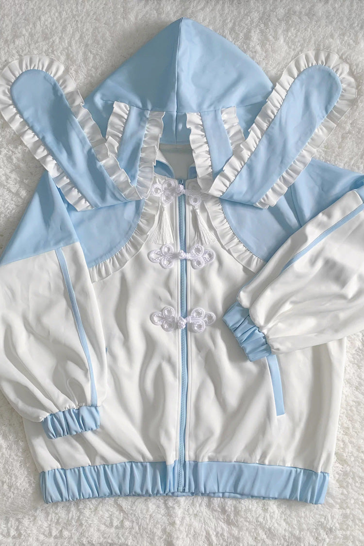 White Blue Rabbit Ear Long Sleeve Ruffled Hooded Jirai Kei Coat
