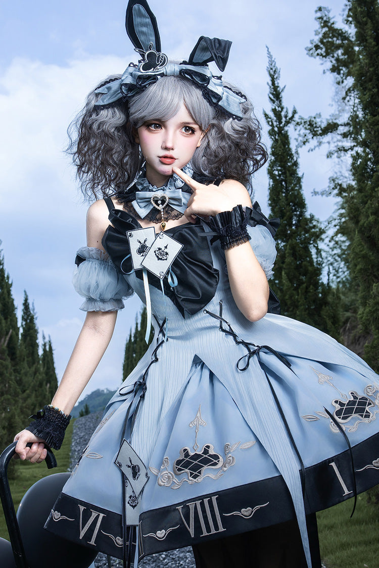 Clock Rabbit Card Game Sleeveless Jacquard Ruffle Embroidered Bow Gothic Jumper Dress