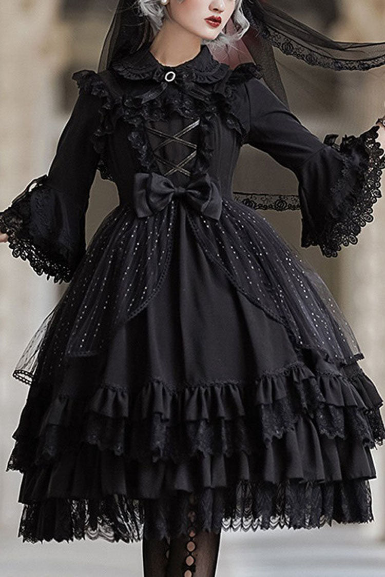 Gothic Lolita Dress with Lace Stitching, Bowknot, Multi-Layer Design