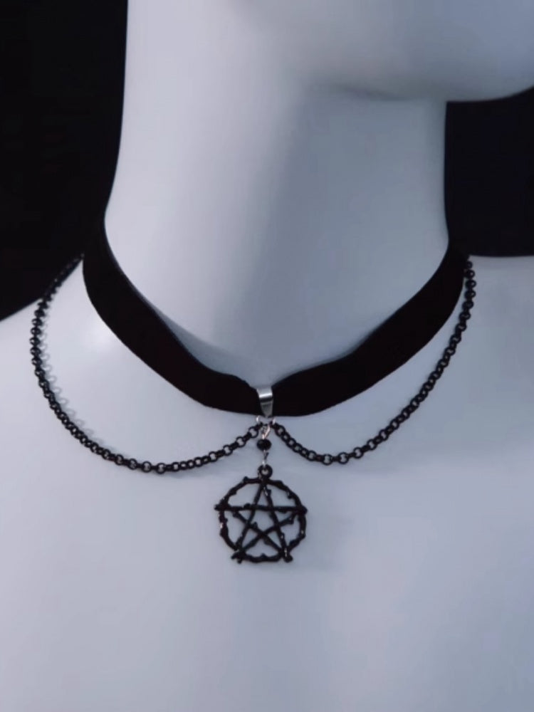 Gothic Pentagram Black Velvet Choker with Chains