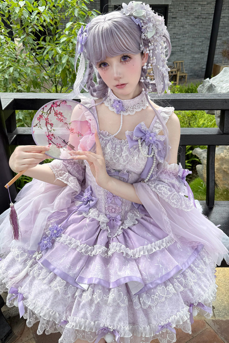 Purple [Prelude of Spring Cherry] Square Collar Sleeveless Multi-Layered Jacquard Ruffled Bow Lace Pearl-Decorated Sweet Lolita Jsk Dress