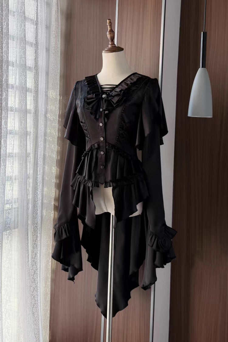 Echoes of the Deep Sea Hime Sleeve Ruffled Bow Corset Gothic Ouji Lolita Blouse in Four Shades