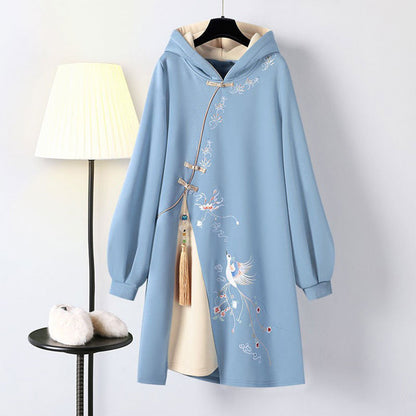 Blue Embroidery Loose Hoodie Vintage Sweatshirt Dress