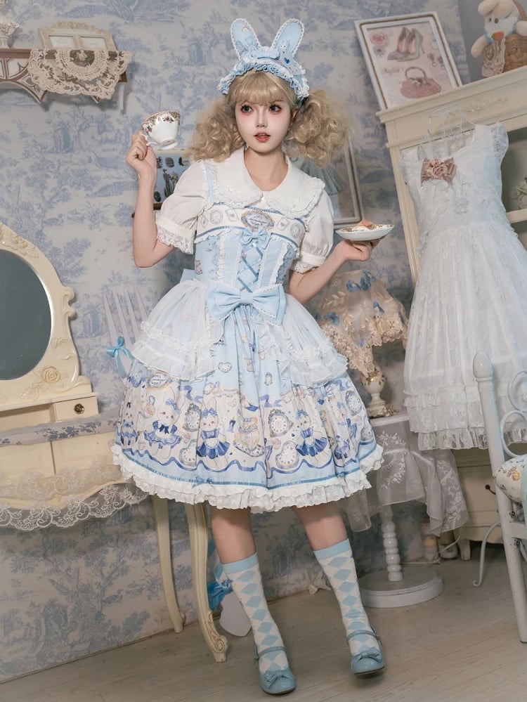 Alice Bunny Dress Lolita Print Blue and Clock Sweet