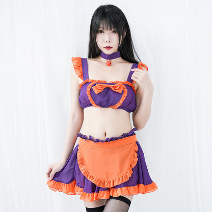 Pumpkin Bell Bow Decor Chiffon Maid Lingerie Set