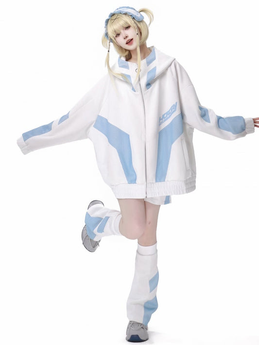 White and Blue Mesh Splicing Zip Hoodie Sweatshirt