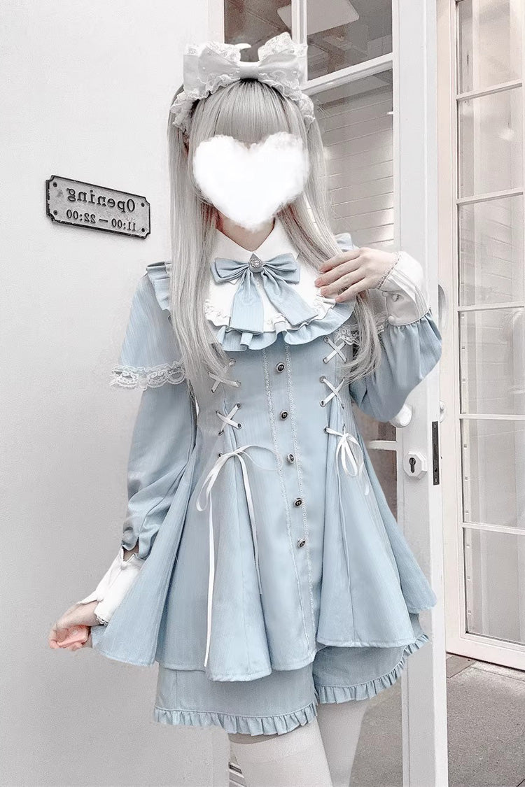 Printed Ruffled Bow Lace Sweet Jirai Kei Japanese Dress Shorts Set