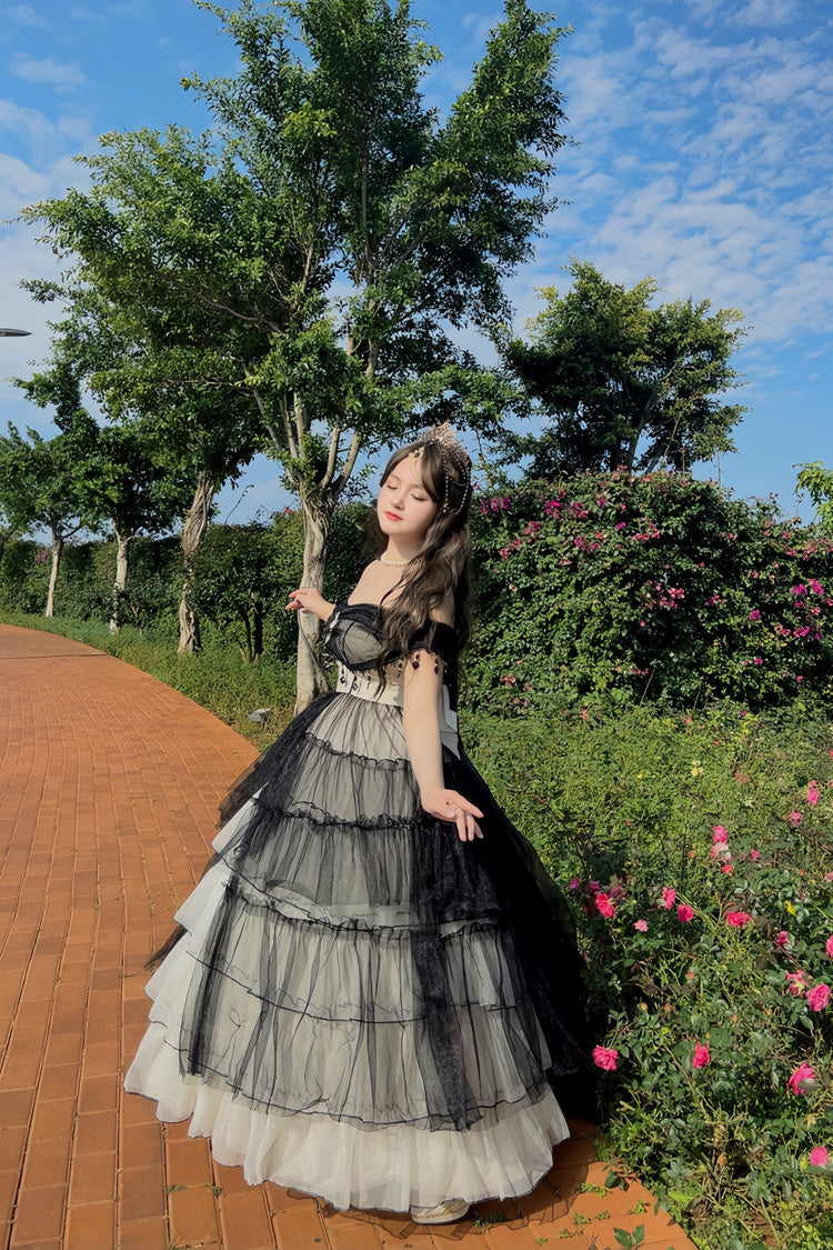 Monochrome Gothic Plus-Size JSK with Lace-Up Front and Hanayome Ruffles - Long