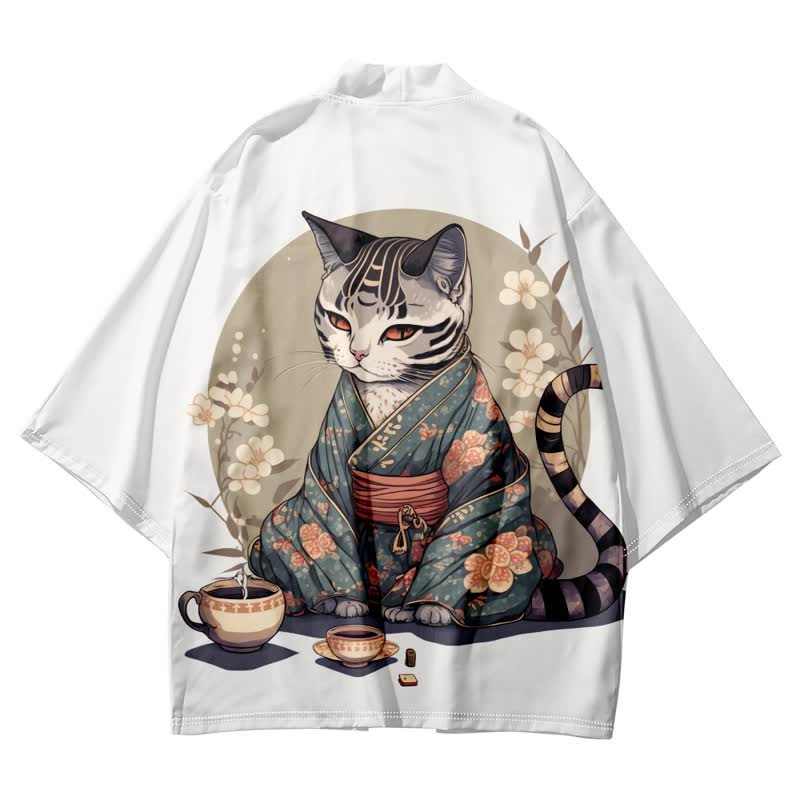 Cute Cat Warriors Print Cardigan Kimono Outerwear