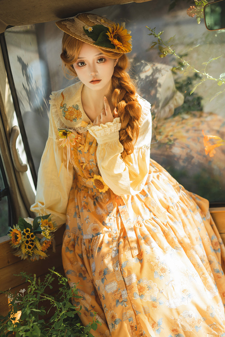 Green Sunflower Sleeveless Floral Bow Elegant Jsk Dress