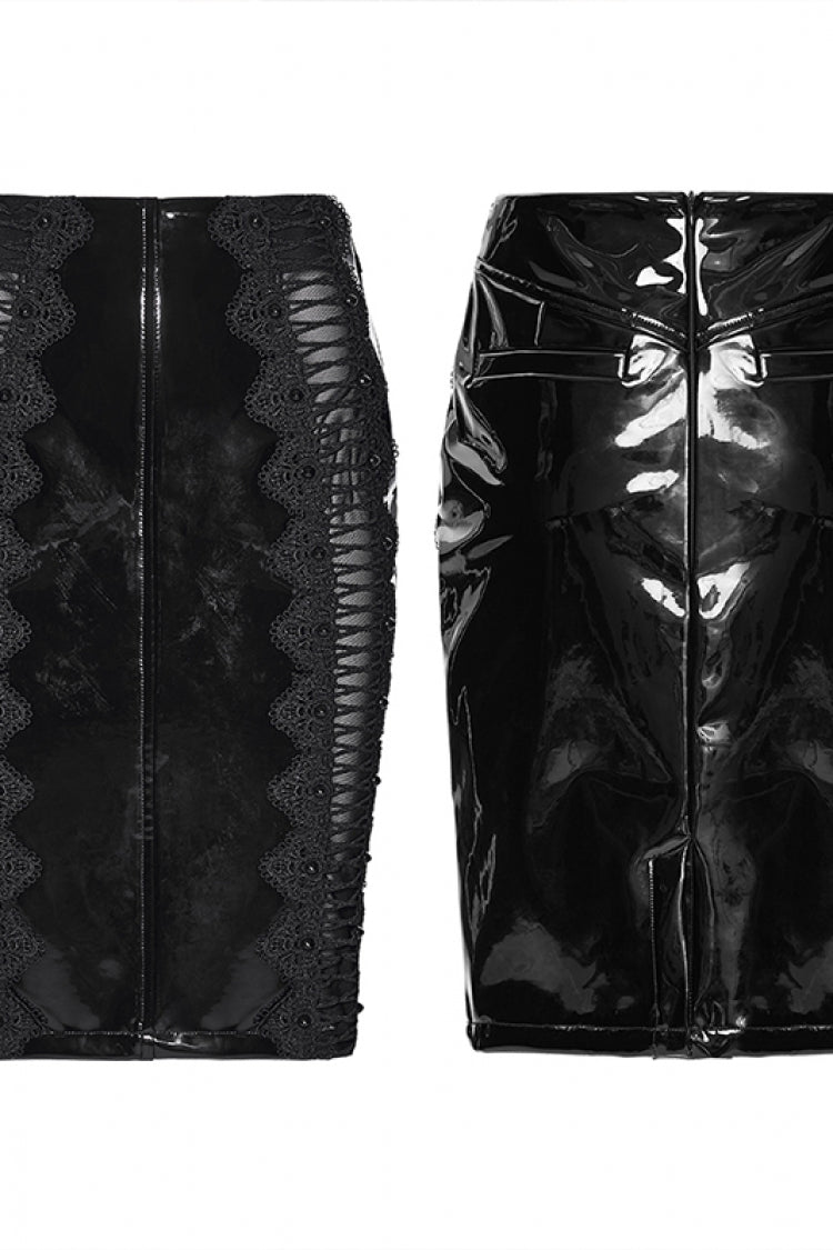 Noir Lace-Trimmed Faux Leather Gothic Midi Skirt - Dark Elegance