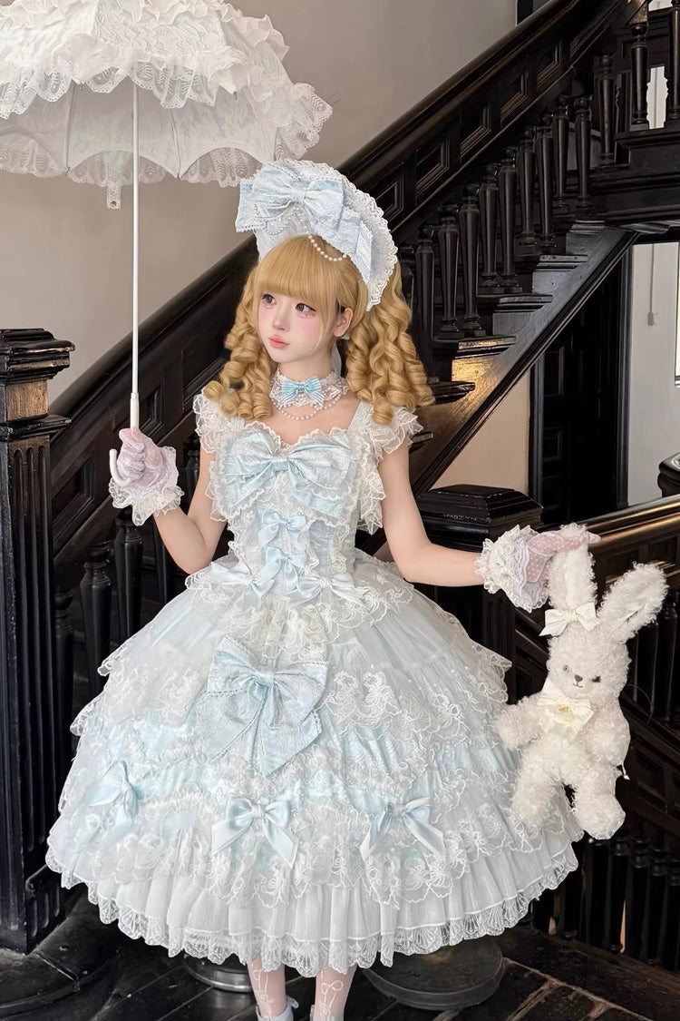 Blue Ruffled Hanayome Bow Lace Sweet Princess Lolita Jsk Dress - Sakura Dream Romance