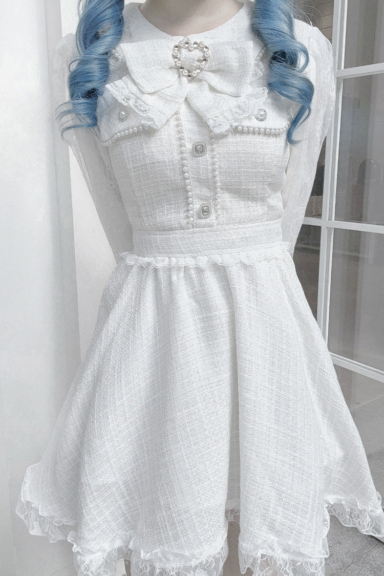 White Long Sleeve Bow Lace Pearl Sweet Jirai Kei Dress