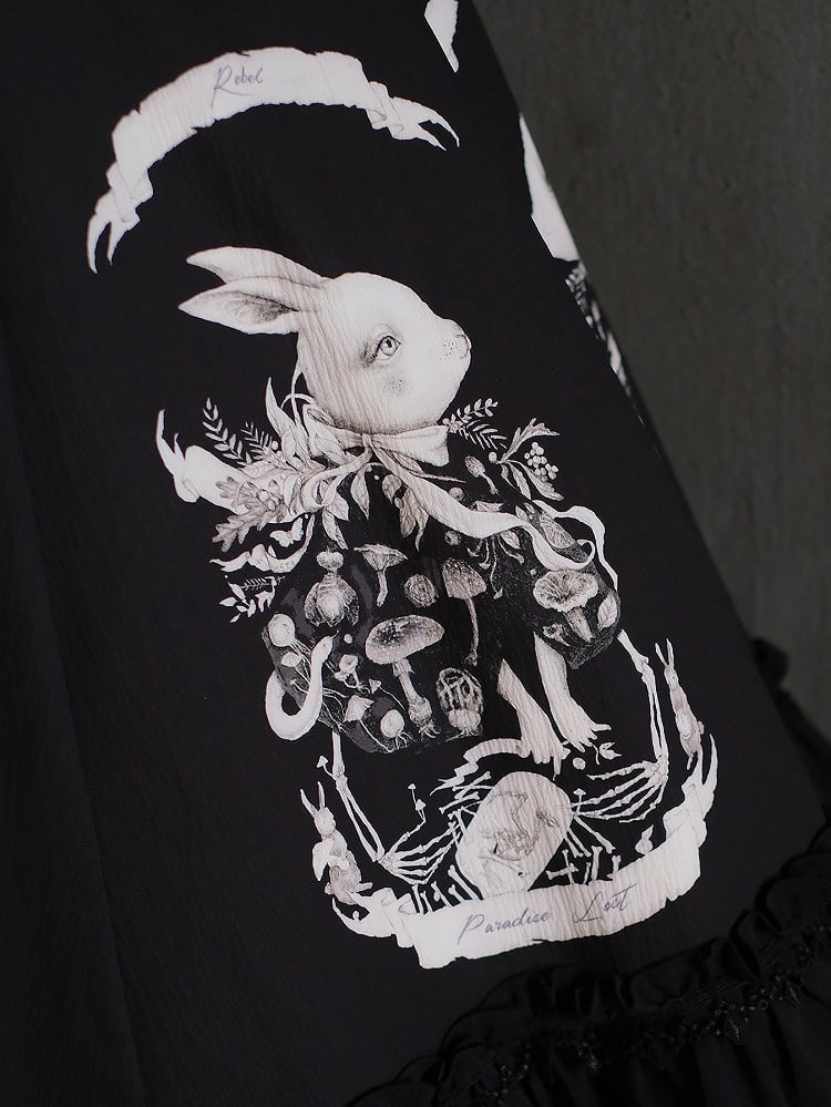 Dark Black Dress Print Waist Gothic Slim Fit Bunny Lolita