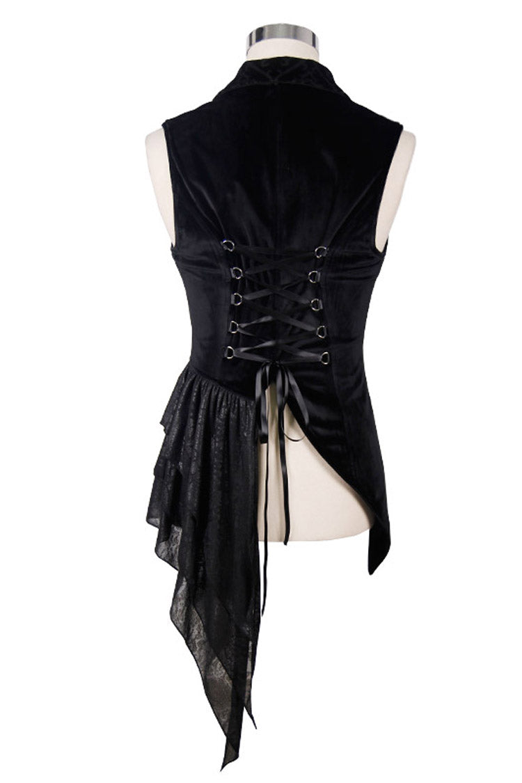 Noir Velvet Gothic Vest with Frog Buttons and Floral Motif