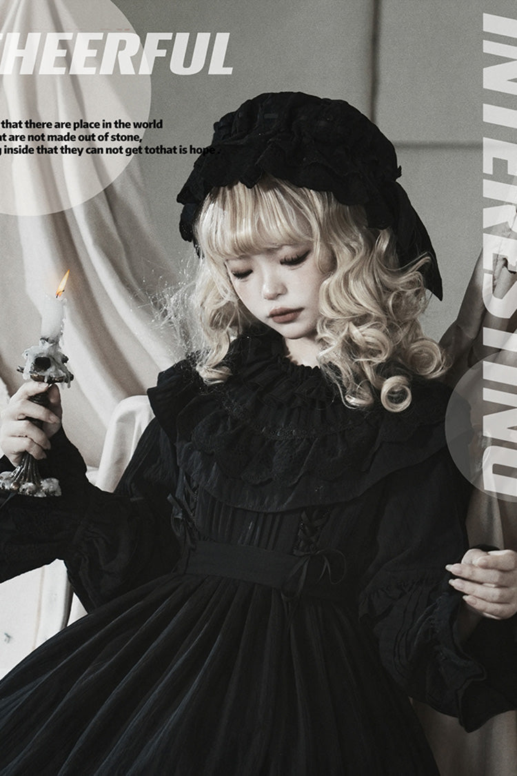 Black Good Night Long Sleeve Double-Layered Ruffle Bowknot Holy Dress