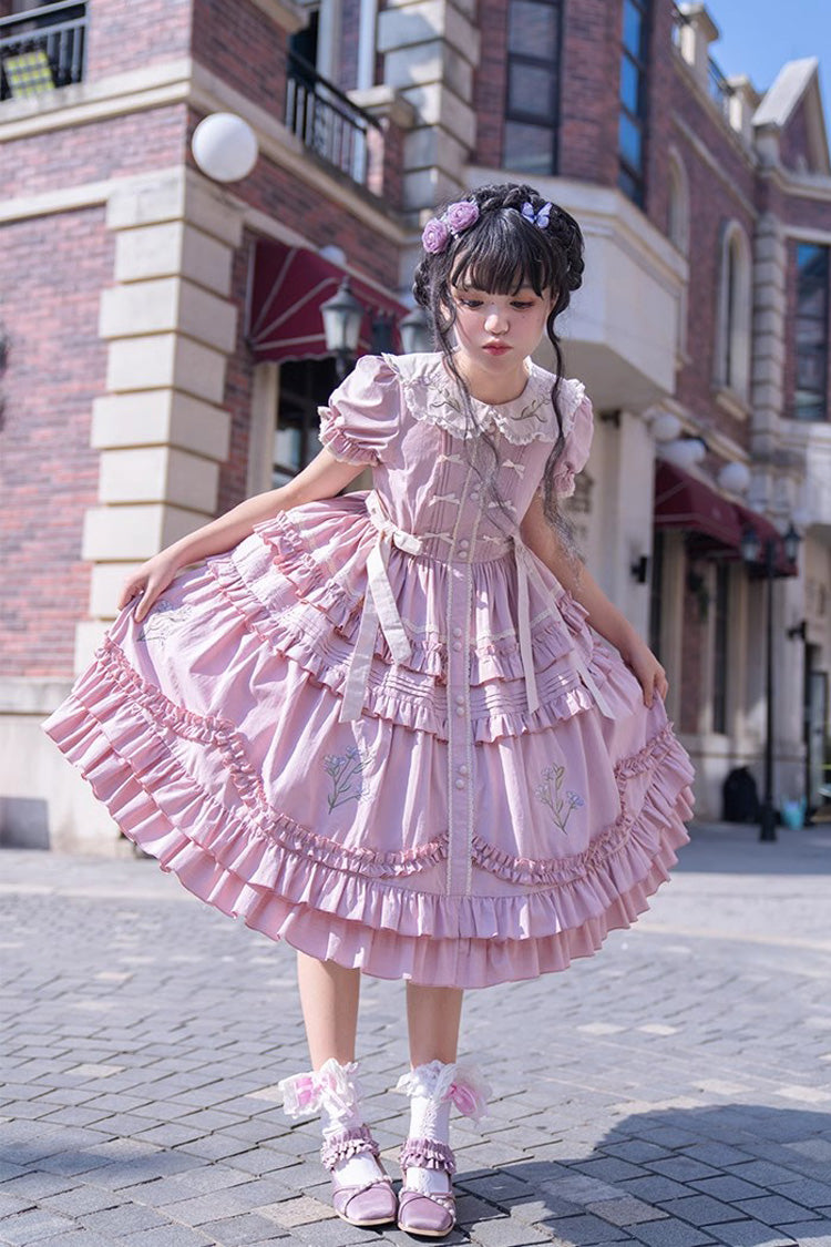 Pink Doll Collar Dress with Iris Embroidery - Sweet