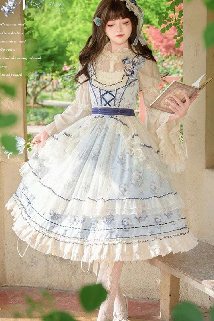 Swing Cat Print Ruffled Bow Lace Sweet Elegant Lolita Jumper Dress