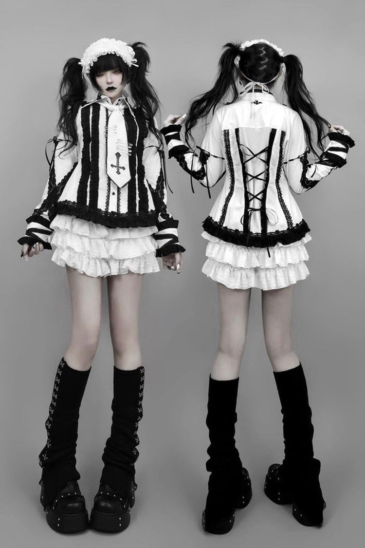 White Black Lapel Collar Long Sleeve Embroidered Gothic Jirai Kei Blouse