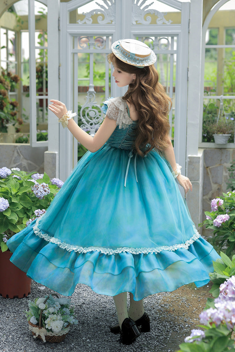 Water Lily Square Collar Ruffled Lace-Up Royal Lolita Dress