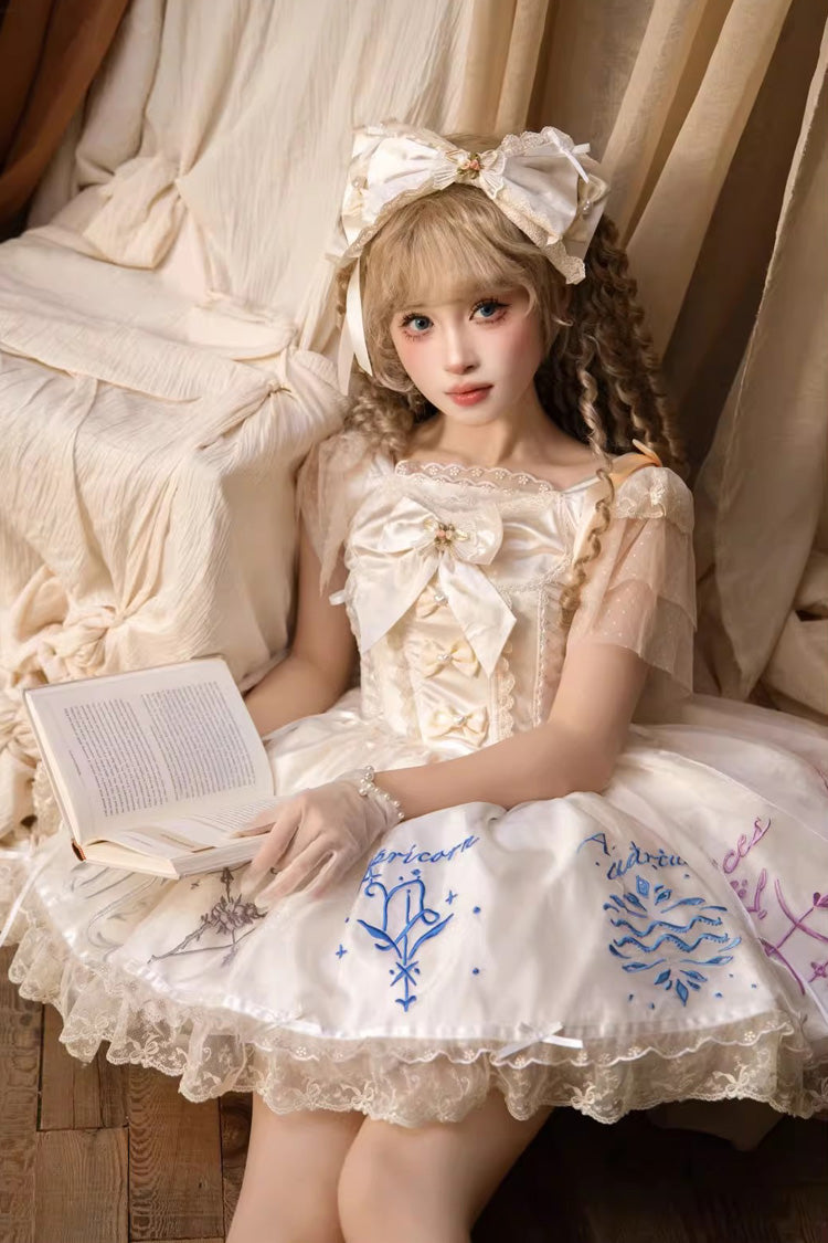 Sleeveless Printed Ruffled Embroidered Bow Sweet Lolita Jsk Dress - The Twelve Zodiac Signs