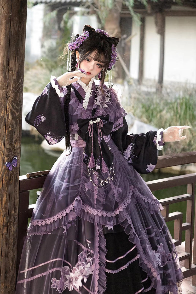 Stand Collar Long Sleeves Ruffled Embroidered Bow Classic Chinese Elegant Lolita Dress Set