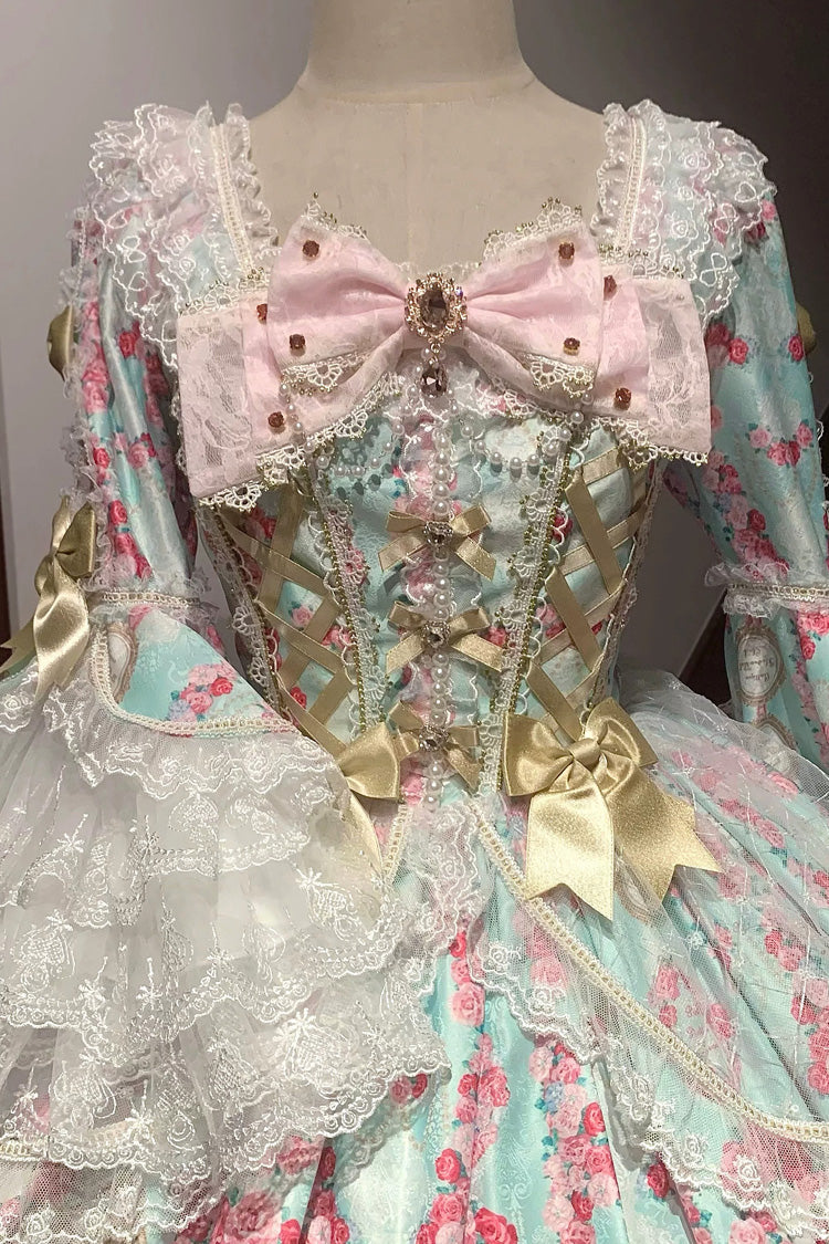 Mint Green/Pink [Rose Garden Prelude] Square Collar Long Trumpet Sleeves Printed Ruffled Bow Lace Lace-Up Sweet Lolita Dress