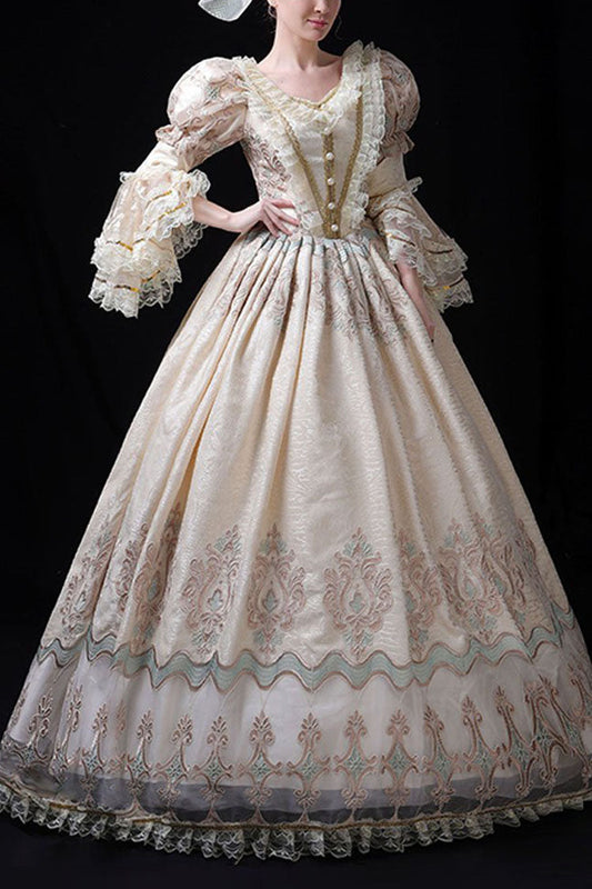 Champagne Lace Victorian Gown with Embroidered Floral Pattern
