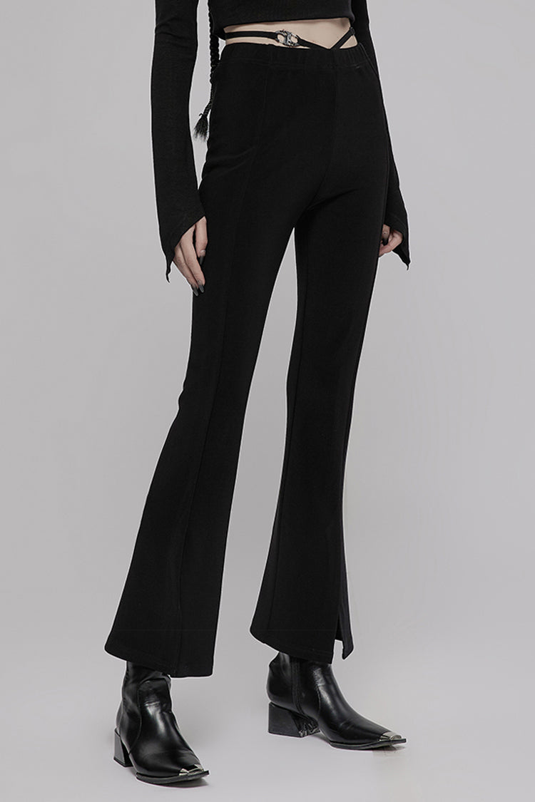Women's Punk Pants with Hollow V-Shaped Decorative Bottom Slit Strap Micro Flare