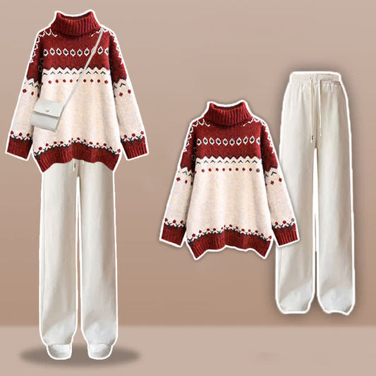 Colorblock Turtleneck Sweater White Pants Set