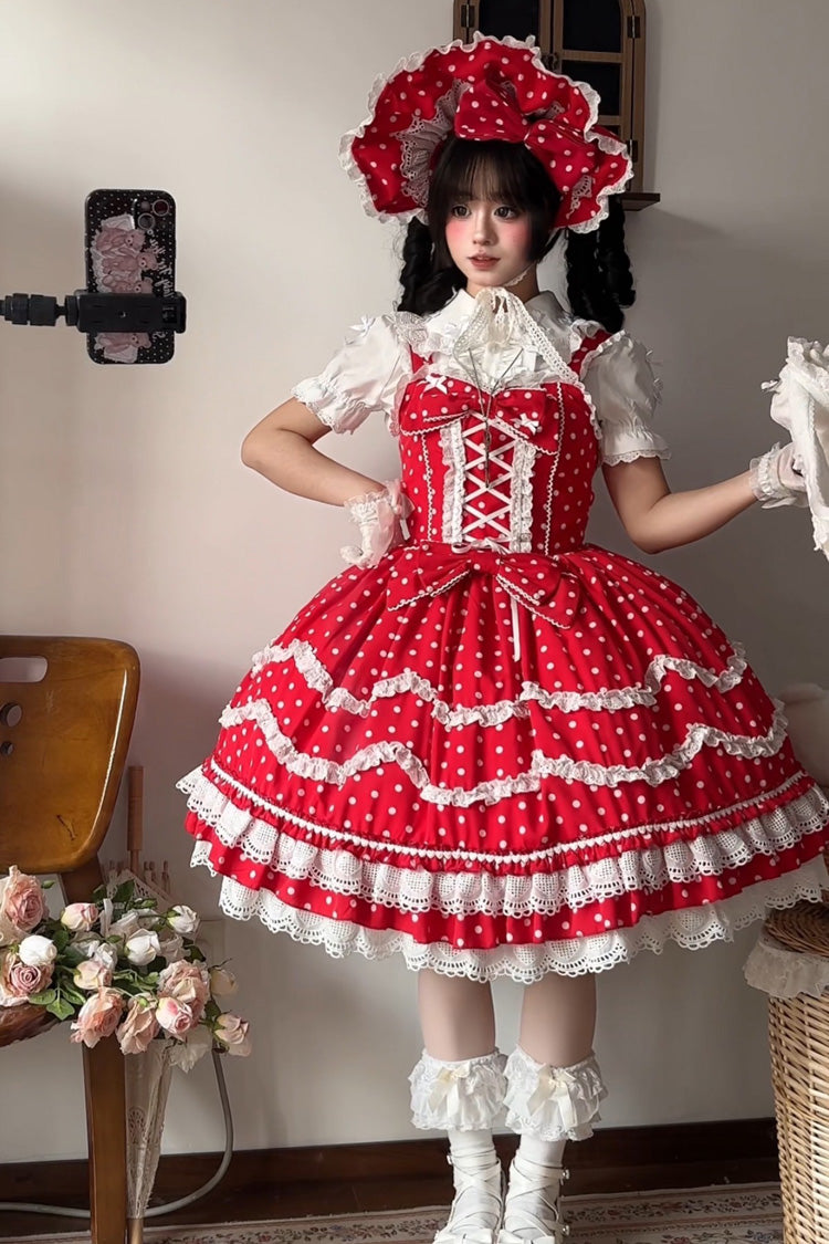 Red Polka Dot Floral Ruffle Lace Up Sweet Lolita Dress