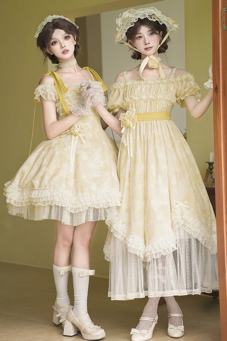 Golden Square Collar Short Sleeve Printed Ruffle Lace Sweet Elegant Long Gown - Falling Flowers as a Message