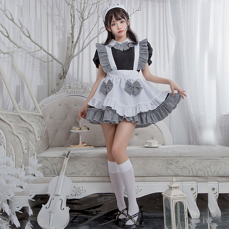 Kawaii Plaid Bow Tie Lolita Maid Ruffle Costume Dress