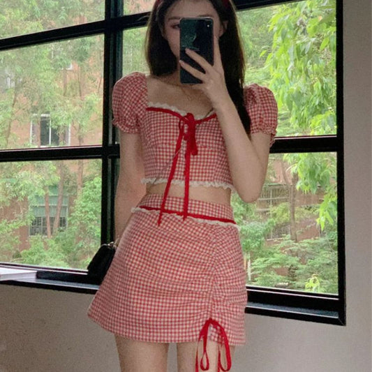 Cherry Plaid Summer Two Pieces Dress